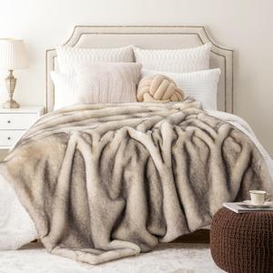 BATTILO HOME Luxury Fluffy Faux Fur Throw Blanket, Cozy Warm Fur Blanket for Couch Sofa, Plush Fuzzy Fur Throws with Long Pile & Brushed Tips, 60"x80" (Cream&grey)