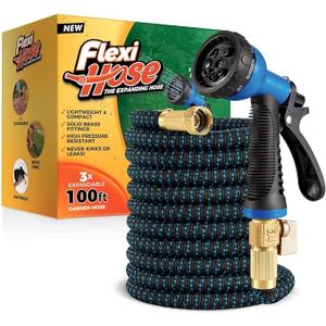 Flexi Hose Expandable Garden Hose with 8 Function Nozzle, 100FT  Lightweight Retractable Garden Hose, Water Hose  NoKink Flexibility, 3/4 Inch Solid Brass Fittings and Double Latex Core