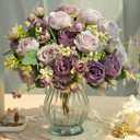 JARELING Artificial Peonies Silk Flowers in Glass Vase Faux Flowers Bouquets Modern Penoy Arrangement 4 Pack for Home Decoration Table Centerpiece (Purple)