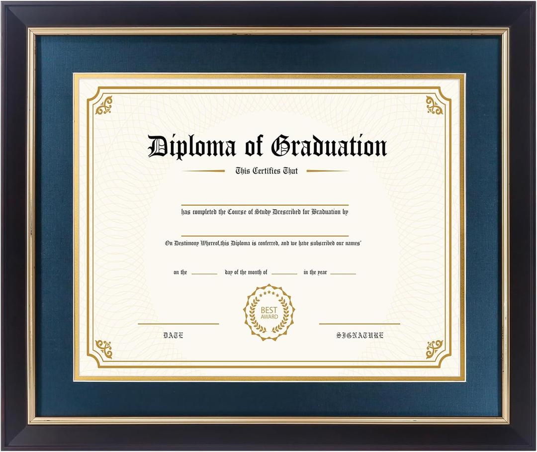 11x14 Diploma Frame with Navy over Gold Mat, 14x17 Certificate Frame, Real Wood with Gold Trim, Black Frame with Arcylic