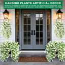 4PCS Artificial Hanging Flowers for Outdoors Summer Decoration, Fake Hanging Plants Faux Petunias with Eucalyptus, UV Resistant No Fade Plastic Realistic Silk Flowers for Porch Patio Balcony Indoor