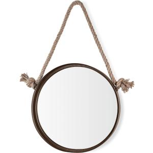Danya B. SE2231 Rustic Wall Decor – Iron Framed Round Mirror with Hanging Rope - Metal 15-inch Accent Mirror – Dark Brown