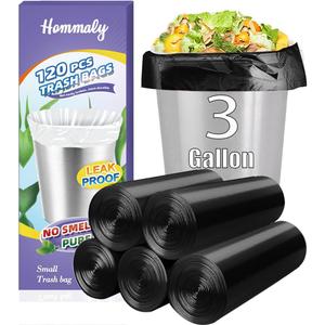3 Gallon 120pcs Small black Trash Bags(Fit 3-3.2 Gal) Plastic Strong black Garbage Bags,Bathroom Trash Can Bin Liners,Waste Basket Liner,Fit 10-13 Liter, 2.6 Gallon,3 Gallon,3.2Gallon (3-Black120)