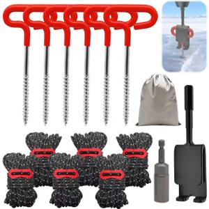 Heavy Duty Ice Anchor Tool Kit, 6 Pcs Stainless Steel Ice Fishing Tent Stakes Nails with Ice Anchor Drill Adapter and 6 Pcs Adjustable Tent Rope for Setting Up Ice Fishing Equipment Shelter Tent