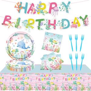 Ocean Birthday Party Decorations - Under The Sea Party Supplies for 20 Guests, Sea Turtle Birthday Decorations Includes Banner, Tablecloth & Tableware Set for Ocean Themed Party