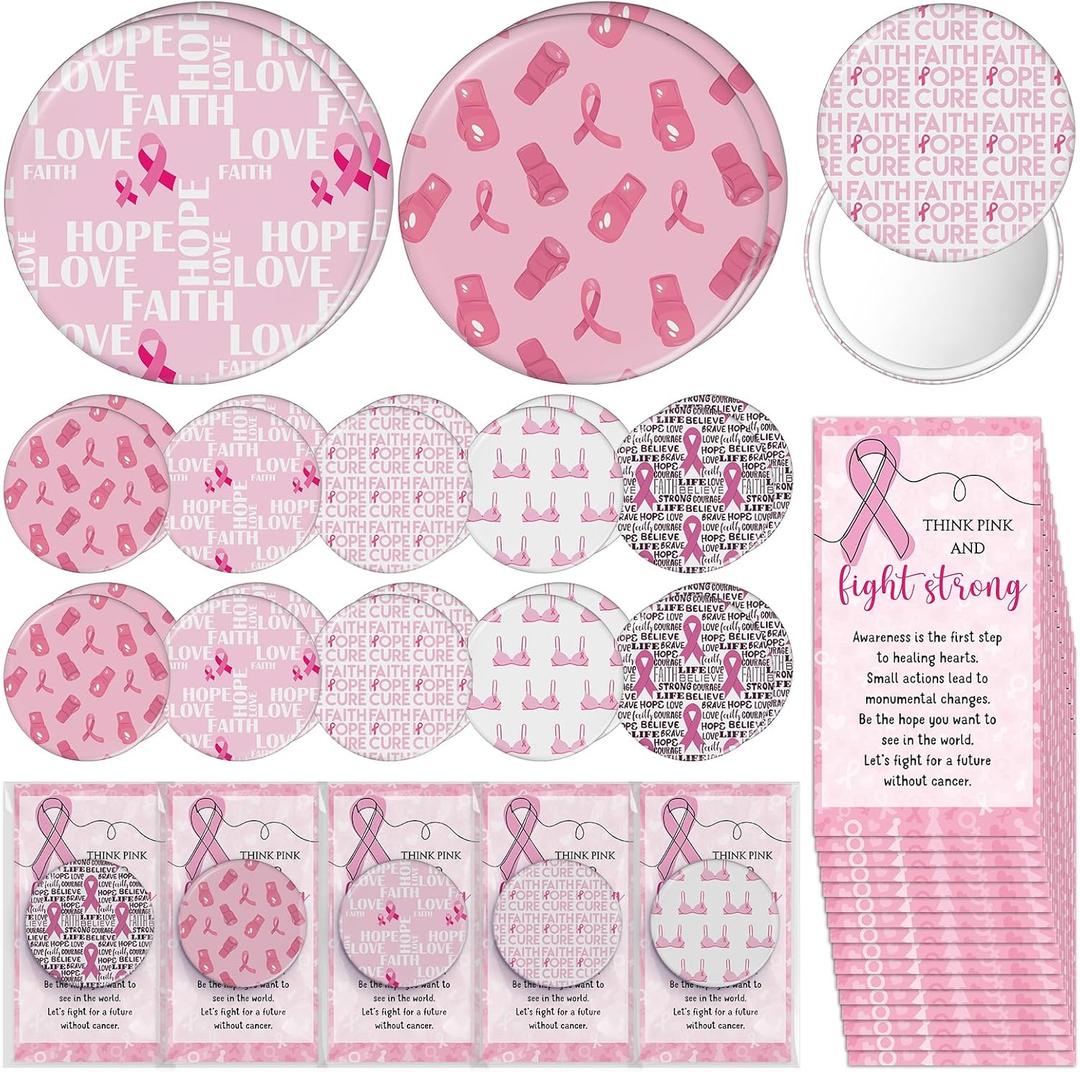 2 x Geelin 40 Sets Breast Cancer Awareness Accessories for Women Mini Pocket Mirrors Pink Ribbons Portable Round Makeup Mirror with Think Pink Fight Card for Charity Recognition Public Event Survivor