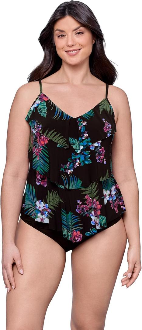 Aqua Green Womens Triple Ruffle Tier Swim Tankini Top with Adjustable Straps (X-Large, Palm Night)