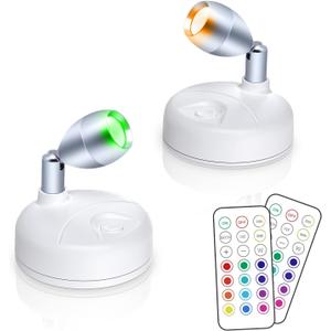 Small Spotlight Battery Operated Accent Light with Remote, RGB LED Wireless Little Spot Light Rotatable with Dimmer & Timer for Artwork Painting