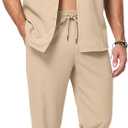 JMIERR Men 2 Piece Beach Vacation Outfit Pants Set Summer Cool Short Sleeve Casual Shirts (Medium)