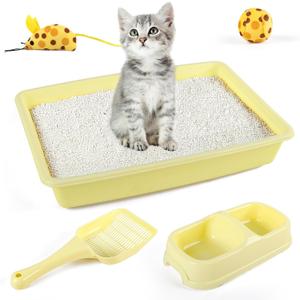 PAWISE Cat Litter Box Set, Small Kitten Starter Kit, Includes Litter Box, Litter Scoop, Double Dish Feeding Bowl, Cat Mouse Toy, Kitty Ball Toy, Yellow