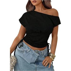 SOLY HUX Women Off Shoulder T Shirts Short Sleeve Ruched Slim Fit Tops Summer Going Out Tops M