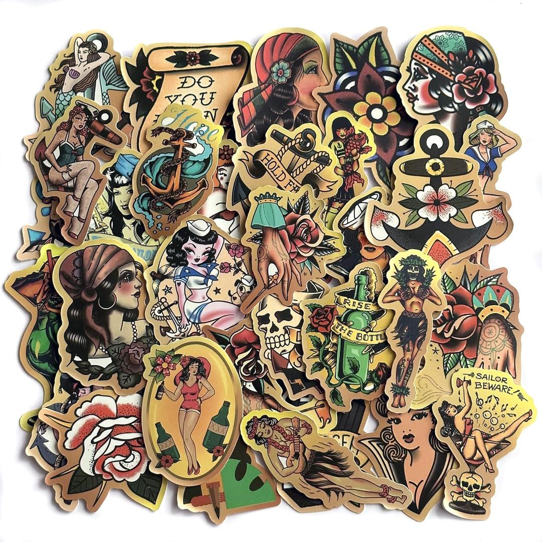 Vintage Retro Girl Sailor Stickers, 50pcs Traditional American Style Sticker Decal Pack for Water Bottles, Laptops, Skateboards Motorcycle with Vinyl Waterproof PVC