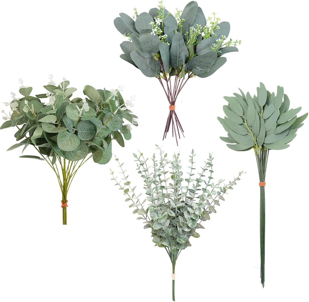 70Pcs 4 Kinds Eucalyptus Stems Artificial Mixed Eucalyptus Leaves Picks, Faux Greenery Stems Bulk for Centerpieces Wedding Bouquets Floral Arrangement Home Decor