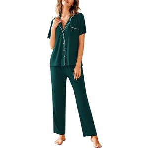 Women Pajamas Set Notch Collar Soft Sleepwear Pjs Short Sleeve Button Down Nightwear with Long Pants, Green, Medium