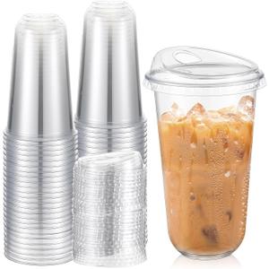 50 Sets Clear Plastic Coffee Cups with Sip Lids, Disposable Plastic PET Crystal Cups for Iced Coffee, Smoothie, Cold Beverage, Drink Shops and Party Catering(Clear,18 oz)