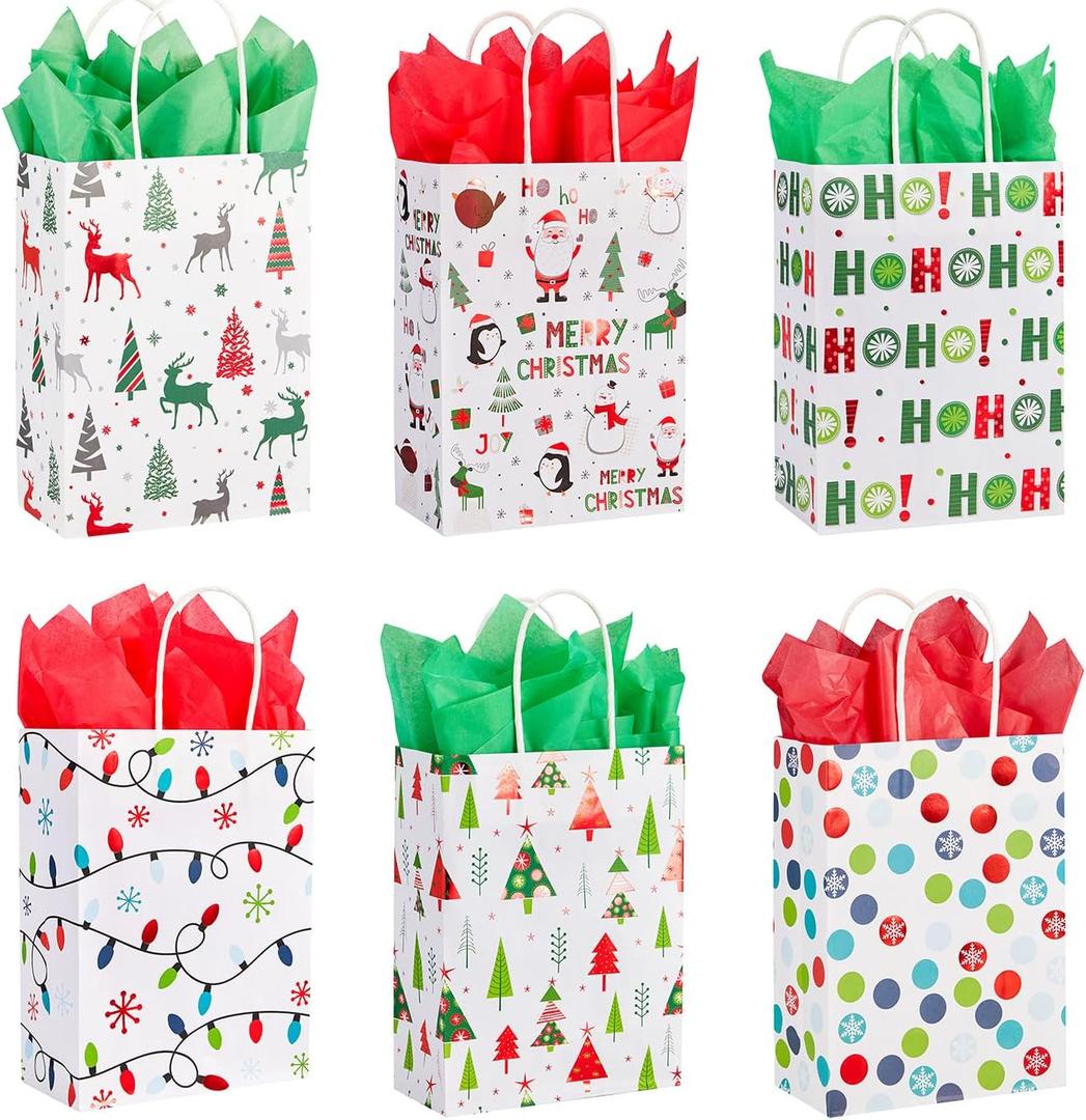 SUNCOLOR 30 Small Christmas Gift Bags With Tissue paper (White)