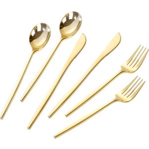 PULOTE 300PCS Gold Plastic Silverware Set Disposable - Heavy Duty Gold Utensils Set - Plastic Cutlery Disposable - Include 100 Knives, 100 Forks, 100 Spoons for Party & Wedding