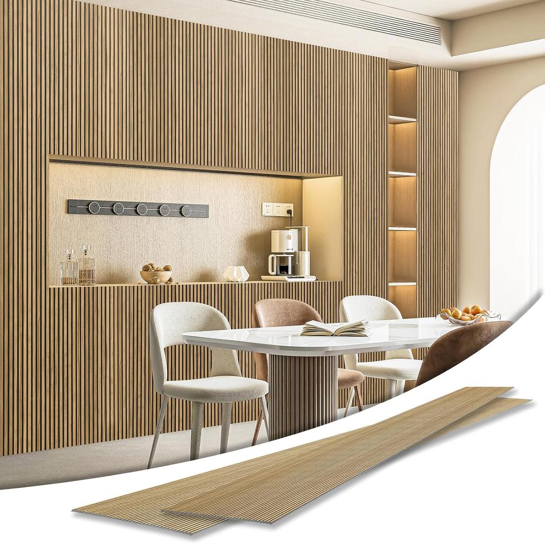 Art3d 4-Pack Glue-On Fine Bar Wainscoting Panel for Interior Wall Decor - 104 x 12 Inch Polystyrene Ultralight Slim Slat Wall Panels for Living Room Bedroom, Teak