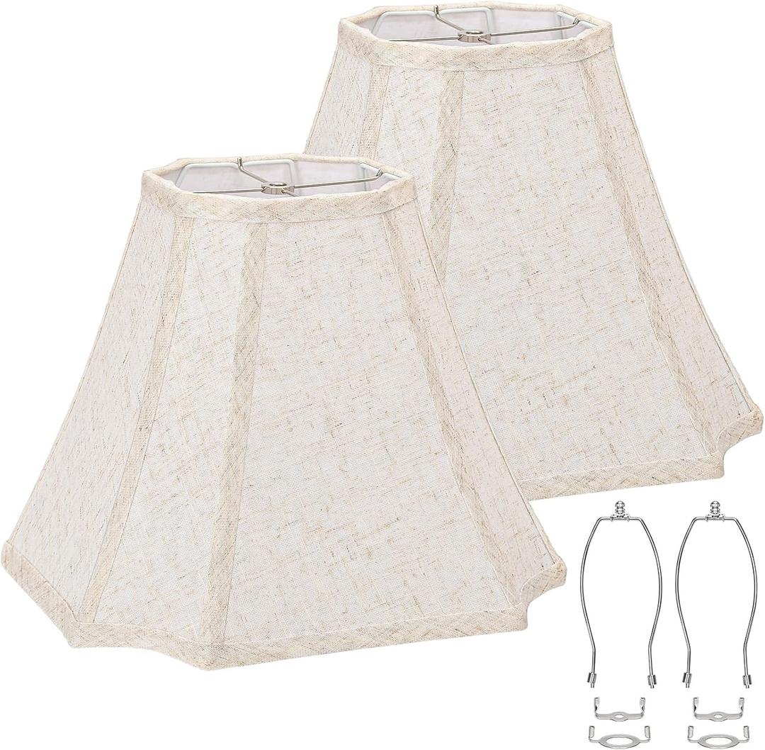 Square Cut Corner Bell Lamp Shades Set of 2, 6.5" x 13"x 10.5" Medium Beige Lampshades Natural Linen Hand Crafted, Include 2 Pack Lamp Harps, Suitable for E26 and Saddle Base, Easy Assembly Required