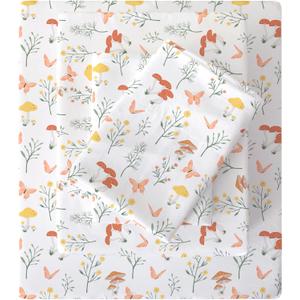 Viviland Mushroom King Sheet Set - 4 Piece Vintage Butterfly Flower Patterned Bed Sheets - Soft, Breathable Microfiber Floral Sheets with Deep Pocket, Non-Slip Fitted Sheets & Pillowcases