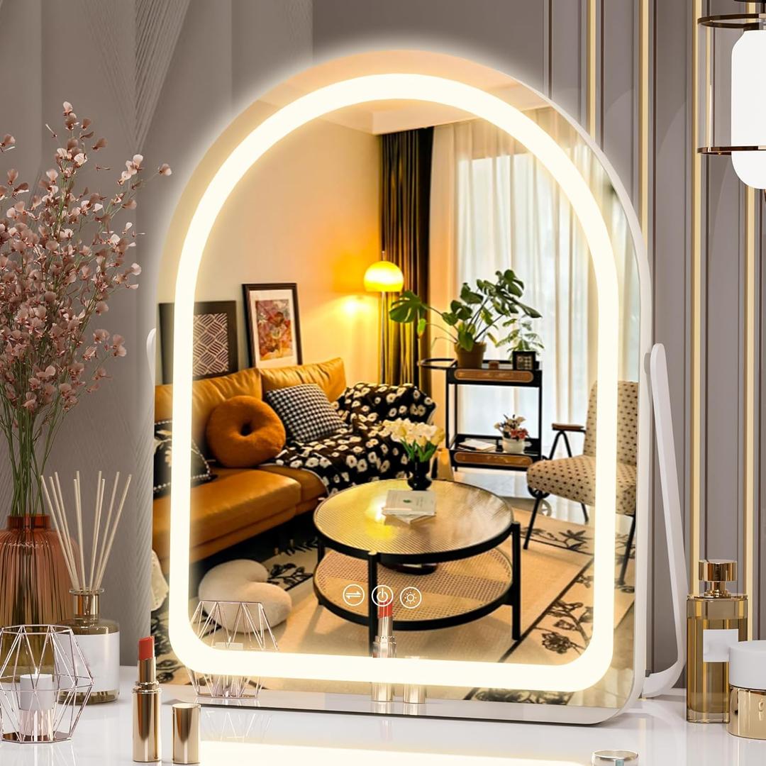 Hasipu Vanity Mirror with Lights, 11" 14" Arched LED Makeup Mirror, Lighted Makeup Mirror with Lights, Smart Touch Control Dimmable 3 Modes Light 360Rotation White