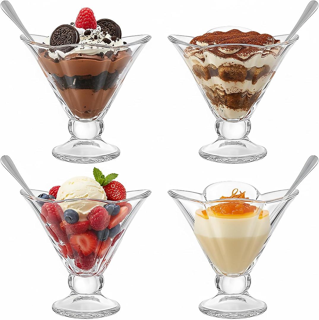 OVENTE 4 Pack Glass Dessert Bowls with Spoons, 6 Oz Footed Ice Cream Cups for Sundae, Fruit, Salad, Cocktail, Snack or Trifle, All Purpose Serving Bowl Ideal for Christmas Holiday Party, Clear ICGBSS4