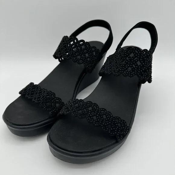 Skechers Womens Black Wedge Sandals With Beaded Straps Size 7