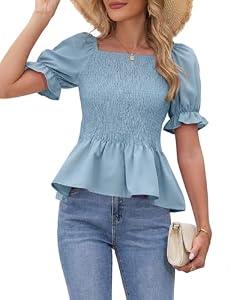 Womens Puff Short Sleeve Babydoll Tops 2025 Summer Smocked Square Neck Peplum Blouse Loose Fit Ruffle Dressy Tee Shirts XL