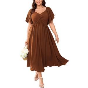 SCOMCHIC Women's Wedding Guest Cocktail Dresses Sweetheart Neckline Ruffle Sleeve A Line Maxi Dress (XXXL)