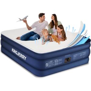 KINGJERRY Queen Air Mattress with Built-in Pump, 18" Luxury Foam Topper Inflatable Blow Up Mattress, Breathable & Washable Silk Feel Cover, 900lbs Supports, 48Hr Leak-Proof, 3-Min Fast for Home&Guests