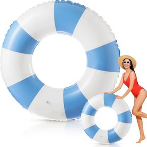 47.24 Inch Jumbo Inflatable Pool Floats Blue and White Striped Pool Rings Swimming Inflatable Tube for Adult Women Summer Beach Bachelorette Wedding Decor