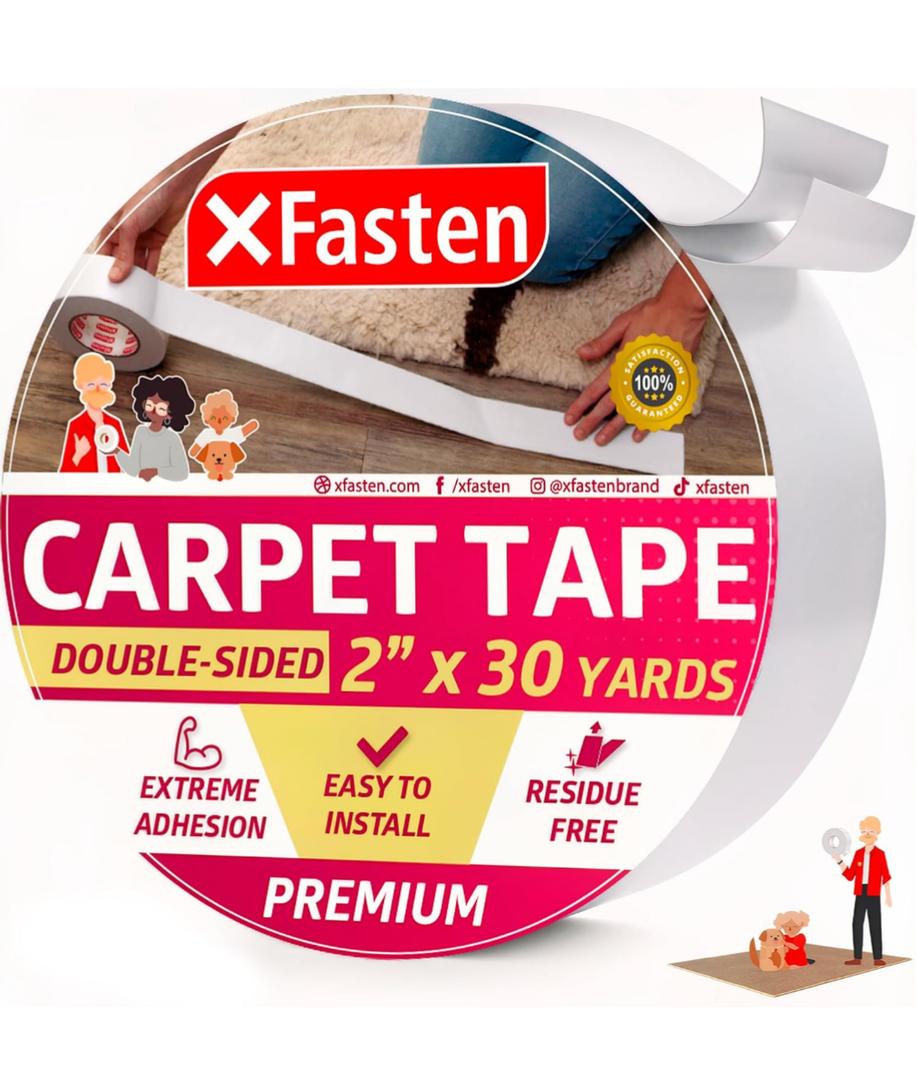 XFasten Double Sided Carpet Tape for Area Rugs 2 Inch x 30 Yards, Residue-Free Carpet Tiles Tape, Removable Heavy-duty Rug Pad Gripper for Hardwood, Vinyl Flooring Underlayments, Laminate- Wood-safe