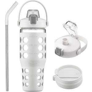 MUKOKO 32 oz Glass Tumbler with Straw, Glass Water Bottles with Time Marker, Iced Coffee Cup with 2 Lids-Handle Spout Lid & Straw Lid, Silicone Sleeve,Leakproof,1 Pack-White