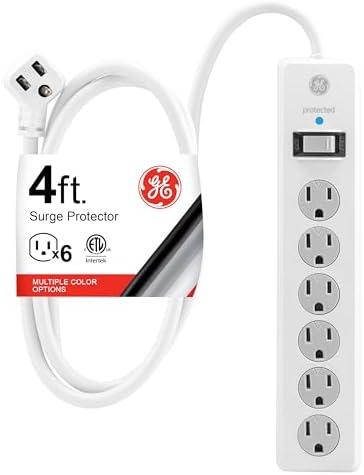 GE 6-Outlet Surge Protector, 4 Ft Extension Cord, Power Strip, 800 Joules, Flat Plug, Twist-to-Close Safety Covers, Protected Indicator Light, ETL Listed, White, 33658