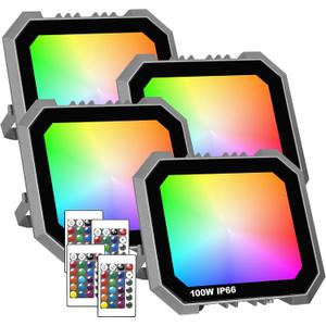 Leddictive 4 Pack RGB LED Flood Light 100W, 1000W Equivalent 10000 LM Outdoor Landscape Flood Lights with 4 Remote, IP66 Waterproof Outdoor Light for Christmas Party Stage Uplight Wall Wash
