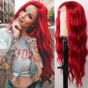 GIANNAY Red Curly Wig for Women - Long Wave Synthetic Lace Front Hair, Blood Colored, 24" (White Women)
