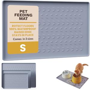 Silicone Pet Feeding Mat - 100% Waterproof Dog & Cat Bowl Pad with Raised Edges - Protects Floors from Messy Eaters & Spills - Anti-Slip, 100% PET-Safe, Dishwasher Safe (Grey 18.5"x11.5")