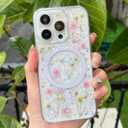 Cute Real Flowers for iPhone 16 Pro Case [Compatible with MagSafe] Glitter Magnetic Cover with Pressed Dried Floral Phone Case for Girly and Women - Clear Sparkly