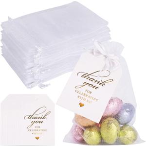 White Organza Bags Set, 60PCS Drawstring Gift Bags with 60PCS Thank You Tags Candy Mesh Pouches for Christmas Wedding Party