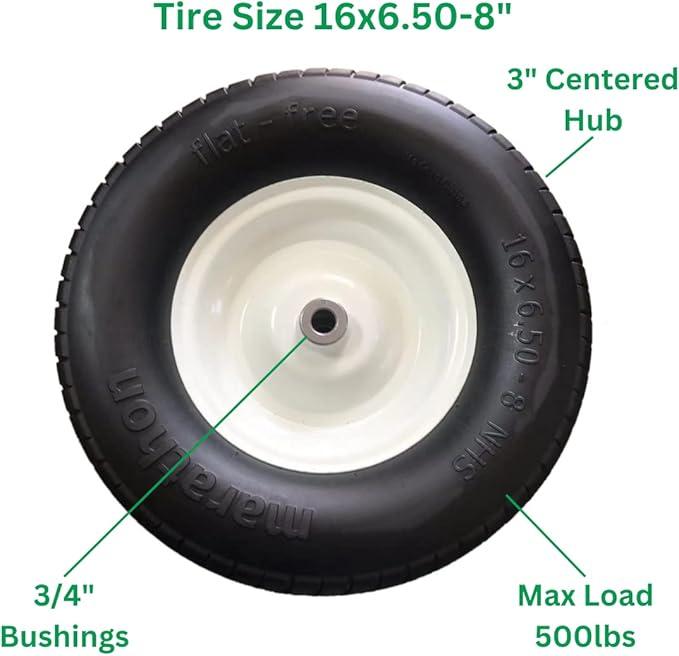 Marathon 16x6.50-8" Flat Free Tire on Wheel, 3" Hub, 3/4" Bushings