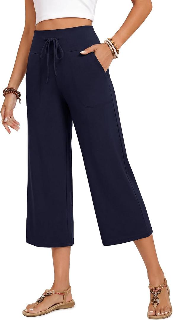 ZOOSIXX Capri Pants for Women - Wide Leg Loose Casual Trousers with Pockets Summer High Waisted Drawstring Pants (Blue, XXL)
