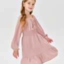 Batermoon Girls Long Sleeve Square Neck Casual Boho Smocked Short Dresses 5-14 Years