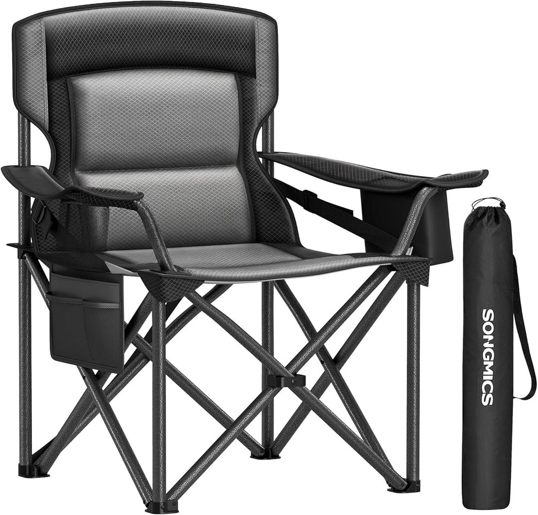 SONGMICS Oversized Lumbar Support Camping Chair, Heavy-Duty Outdoor Folding Chair Comfortable, Padded, Glamping, Cooler Bag, Weight Capacity 450 lb, Ink Black UGCB066B01