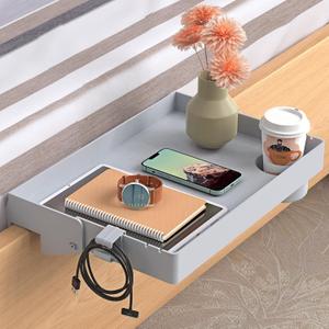 SPACELEAD Bedside Shelf for Bed  College Dorm Room Clip On Nightstand with Cup Holder & Cord Holder -Tray Table Caddy for Students  Bunk Bed Shelf for Organizer Top for Bedroom (GreyPlastic) (Gray)