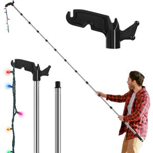 3-15 Ft Christmas Light Hanger Pole with Utility Hook, Extension Pole for Hanging Christmas Lights String Lights Birdfeeder, Christmas Light Pole Hanger Tool Tree, Light Hanging Kit without Ladder
