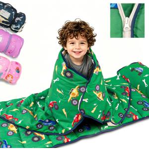 Primlect Toddler Nap Mat Extra Large Thickened 55''x35'', Soft Sleeping Bag with Detachable Minky Blanket and Pillow, Portable for Daycare, Preschool, Kindergarten, Travel, Boys and Girls (Green Truck)