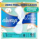 Always Pure Cotton, Organic Cotton top Layer Pads for Women with Wings, Feminine Care, Period, Menstrual, Sanitary, Postpartum, toallas sanitarias para Mujer, Size 3 Extra Heavy, Unscented, 66ct
