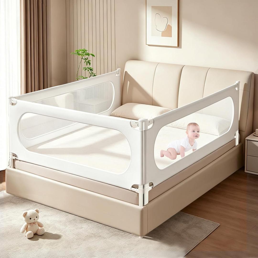 3 Piece Bed Rail for Toddlers, Bed Rails for King Bed, Double Lock Kids Bed Guard with Seamless Fit, Single-Side Lifting Design, Breathable Mesh & Thick Padded Cover(78.7*78.7*74.8 Inch- King Size)