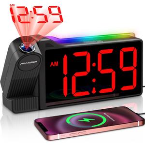 Peakeep Projection Alarm Clock for Bedroom Ceiling 180 Rotatable, Loud for Heavy Sleepers, Colorful Nightlight, 5 Brightness Dimmable Large Number Bedside Electric LED Digital Clock with USB Port (Red Digits; Red Projection)
