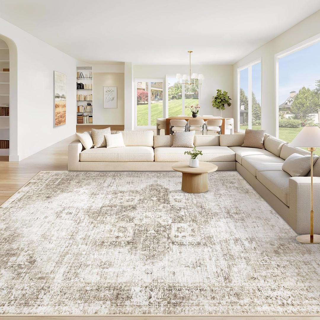 Area Rug 9x12 Washable Rug, Vintage Boho Medallion Rugs Non-Slip Soft Low Pile Large Distressed Rug Indoor Retro Carpet for Living Room Bedroom Dining Room Home Office (Taupe, 9'x12')